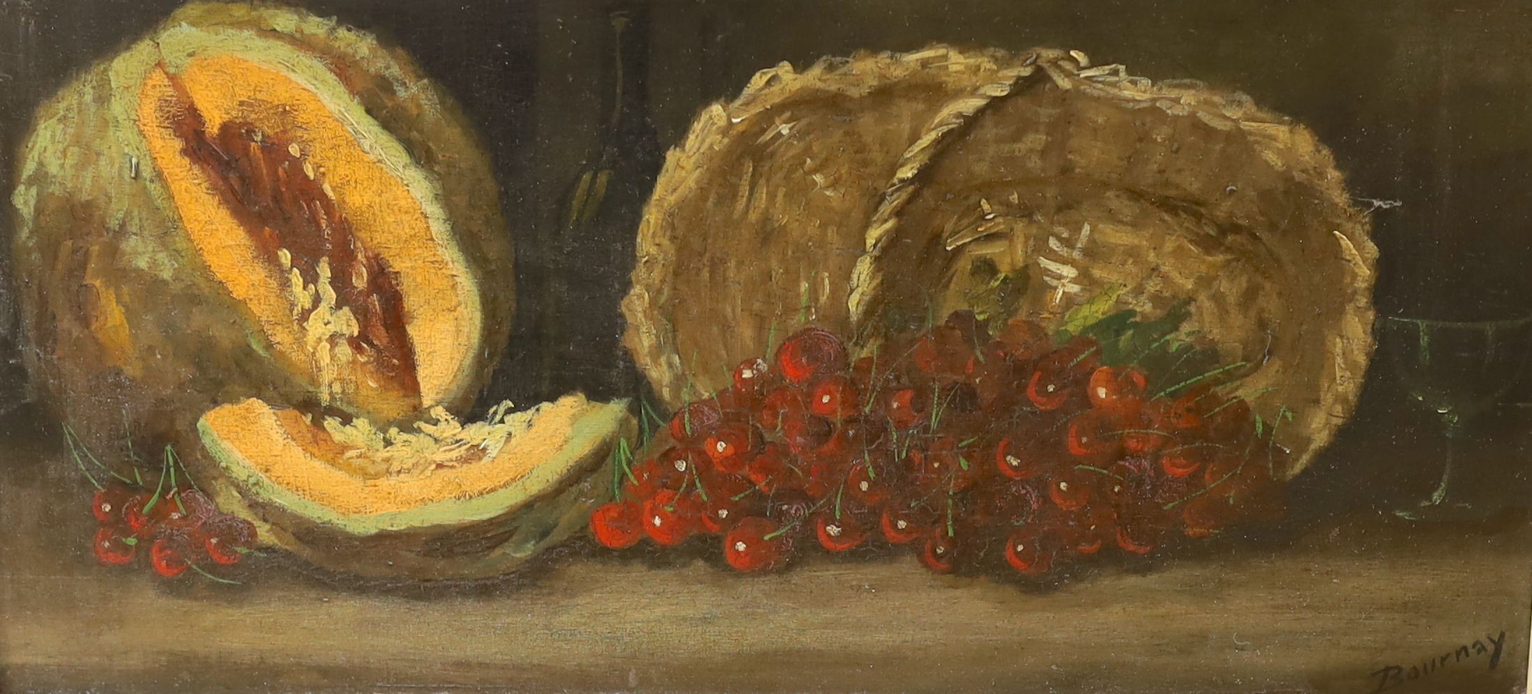 Bournay, pair of oils on panel, Still lifes of fruit, signed, 16 x 34cm